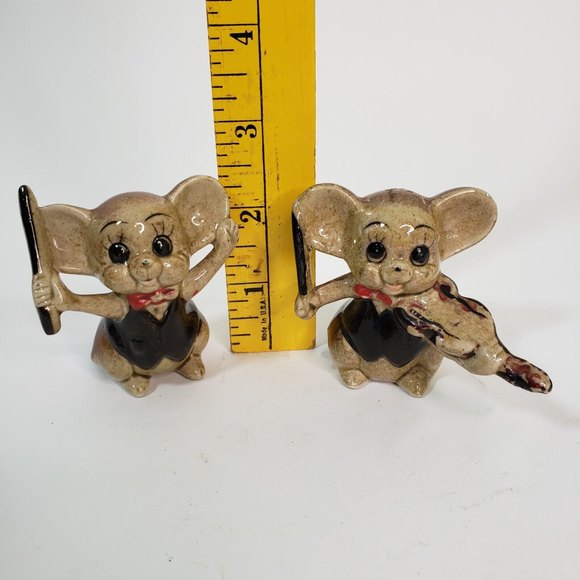 Pair Vintage Ceramic Mice Mouse Figurines Violin Conductor 2.5" Anthropomorphic - Picture 2 of 6